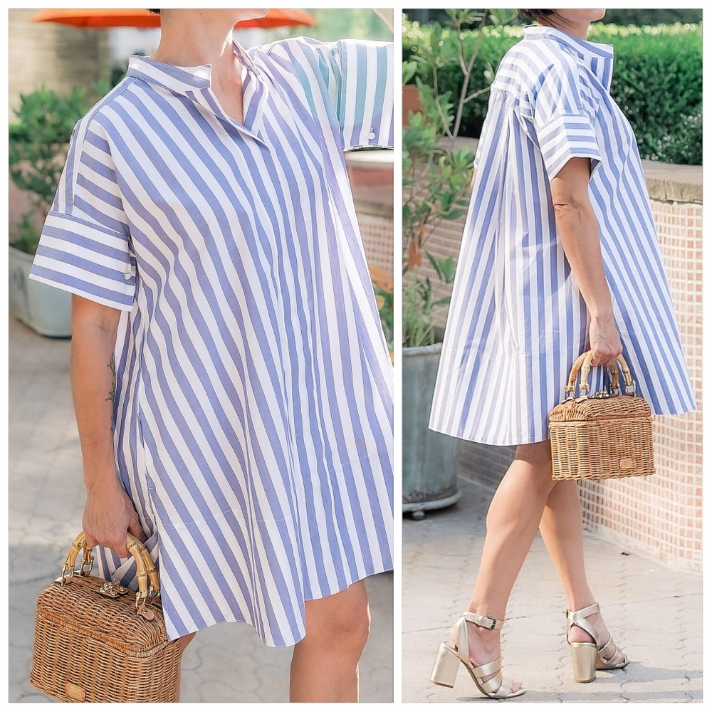 Banana Republic Rhyah Poplin Mini Dress In Bold Blue Stripe Size M/L - Picture 3 of 6